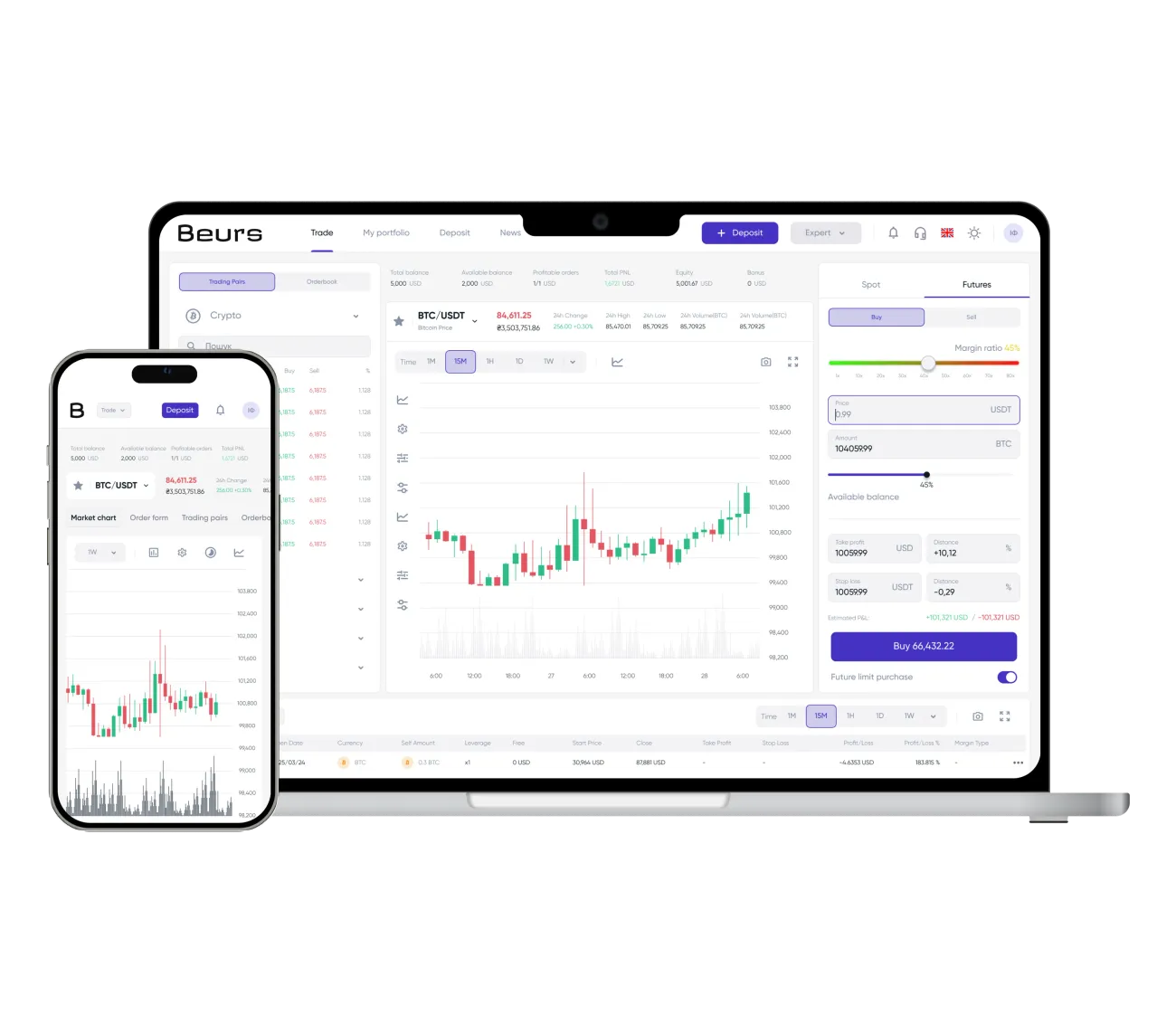 A laptop open on the trading terminal, with a BTC/USDT candlestick chart and the order ticket, and a phone in front of it showing the same chart.